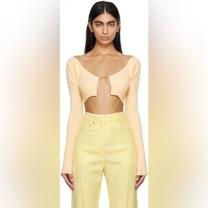 Jacquemus Ribbed V-Neck Long-Sleeve Crop Top — yellow